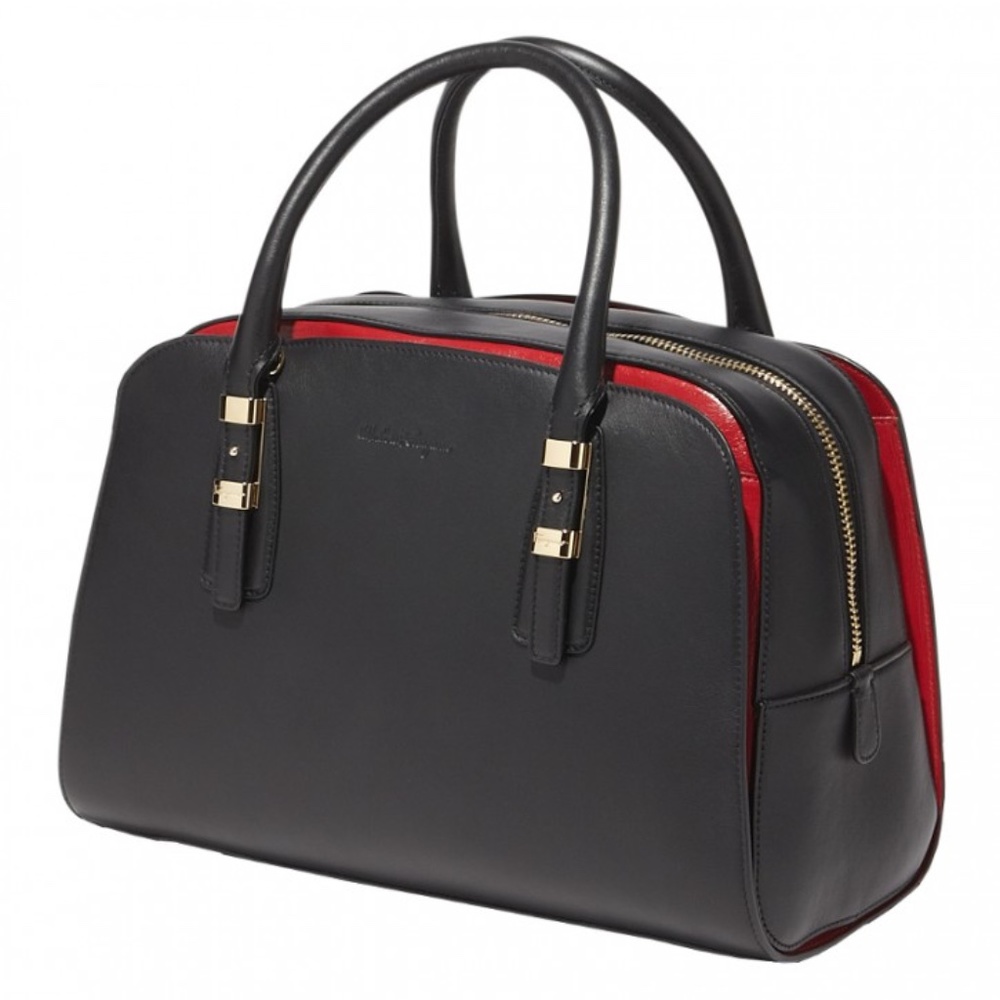 Salvatore Ferragamo Black Leather Emmy Handbag with Red Details BRAND NEW